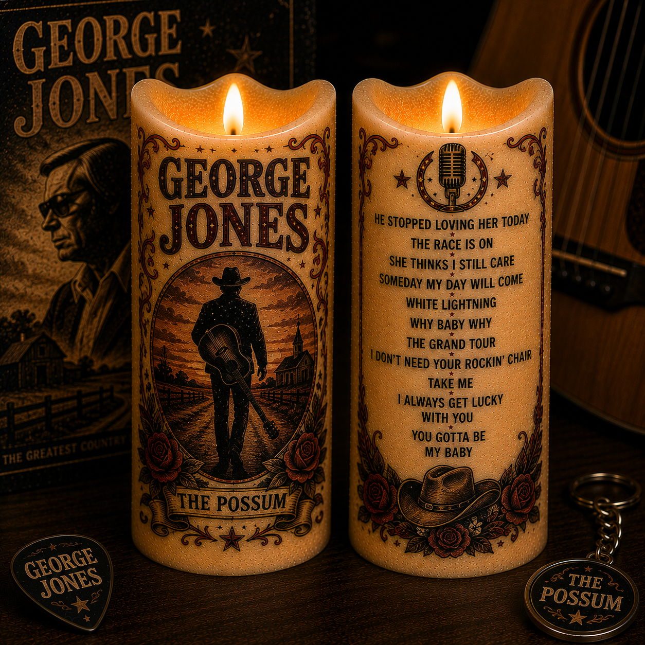 George Jones Flameless LED Candle, The Possum Country Music Candle, Classic Country Fan Gift, LED Home Decor