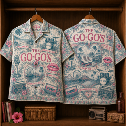 The Go-Go’s Hawaiian Shirt - Retro 80s Pop Rock Button Up Shirt with Vacation, We Got the Beat and Our Lips Are Sealed Art