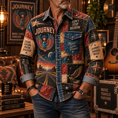 Journey Patchwork Long Sleeve Shirt – Don’t Stop Believin’, Scarab & Open Road Vintage Rock Button Up, Classic Journey Fan Gift