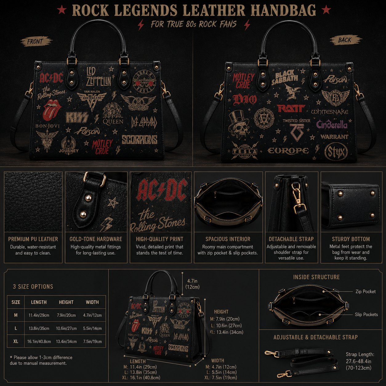 Classic Rock Legends Faux Leather Handbag – Vintage Rock Band Shoulder Tote Bag for Music Fans