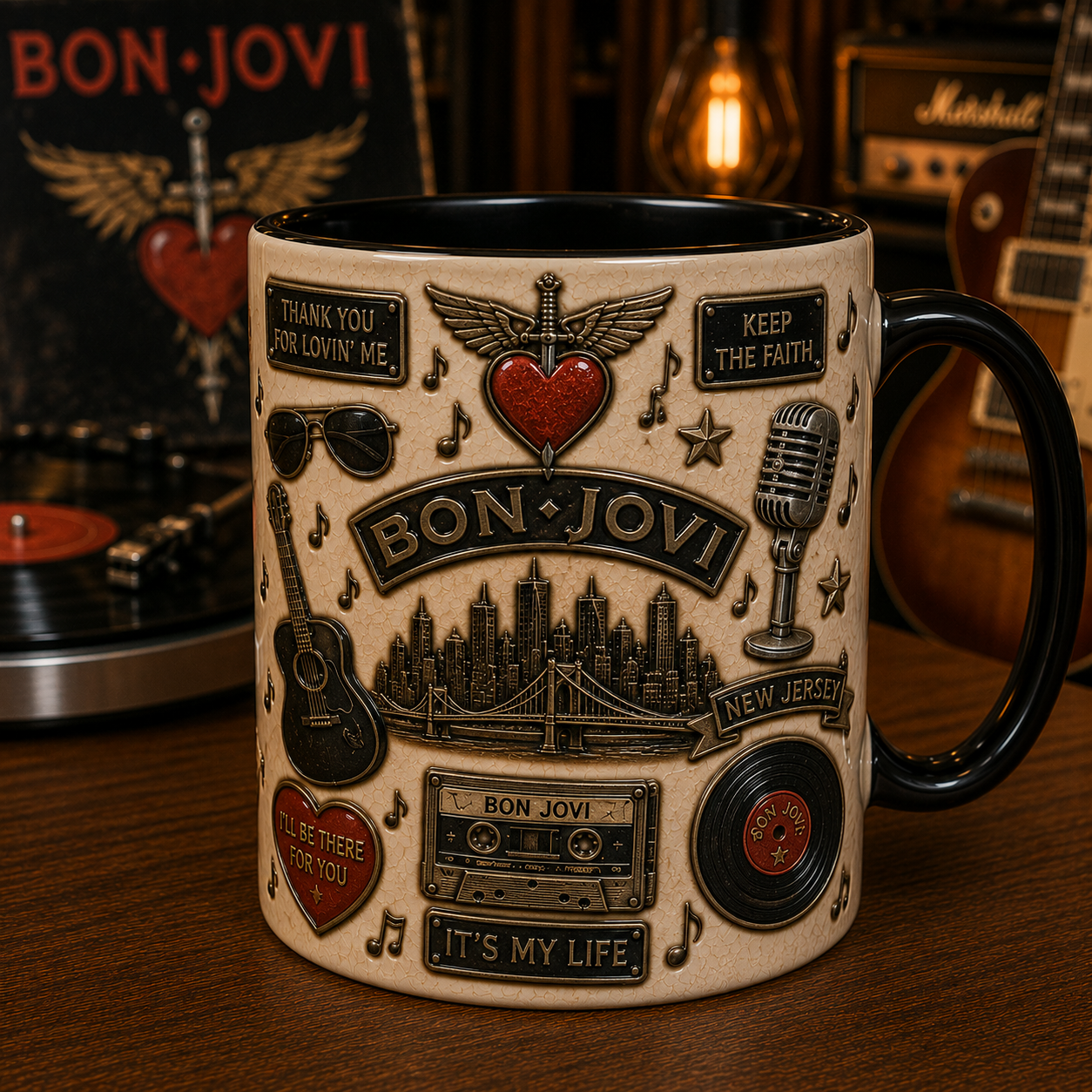 Bon Jovi Mug – Livin’ on a Prayer & It’s My Life Rock Band Ceramic Coffee Mug Gift