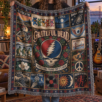 Grateful Dead Woven Blanket, Steal Your Face Patchwork Throw, Dancing Bears & Roses Tapestry, Vintage Deadhead Music Gift