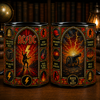 AC/DC Stained Glass Black Mug – Classic Rock Coffee Mug, Back in Black Ceramic Mug, AC/DC Fan Gift