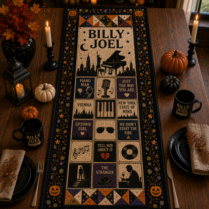 Billy Joel Halloween Table Runner – Quilted Piano Man Table Decor for Fall & Music Lovers