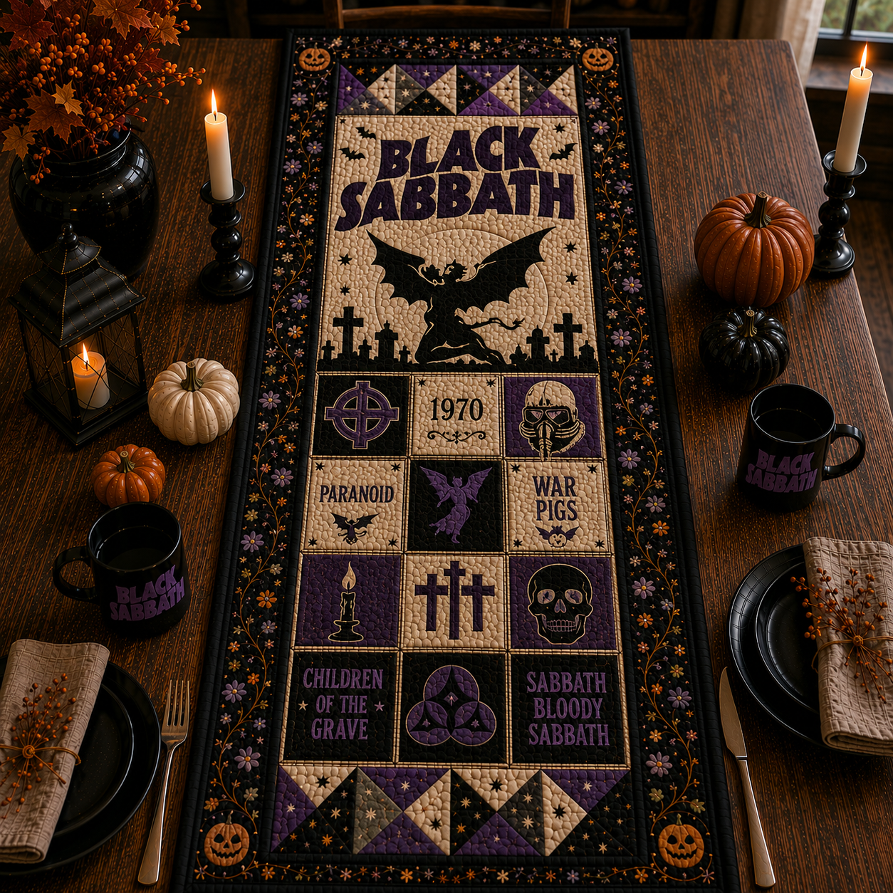 Black Sabbath Halloween Table Runner – Quilted Heavy Metal Table Decor for Fall & Halloween
