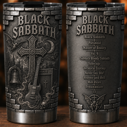 Black Sabbath 3D Printed Stainless Steel Tumbler - Heavy Metal Album List Travel Mug