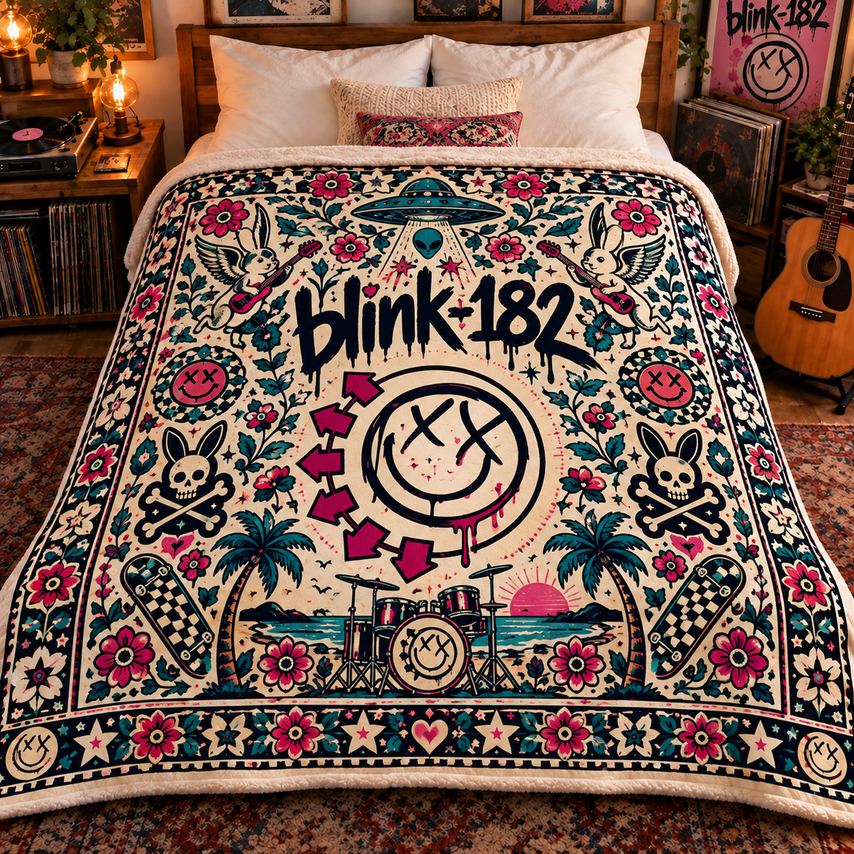 Blink-182 Sherpa Blanket – Pop Punk Smiley Face Fleece Throw, Skate Punk Music Room Decor, Gift for Blink-182 Fans & Rock Lovers