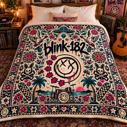 Blink-182 Sherpa Blanket – Pop Punk Smiley Face Fleece Throw, Skate Punk Music Room Decor, Gift for Blink-182 Fans & Rock Lovers