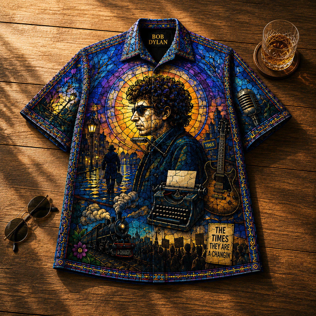 Bob Dylan Hawaiian Shirt - Unisex The Times They Are A-Changin Mosaic Button Up