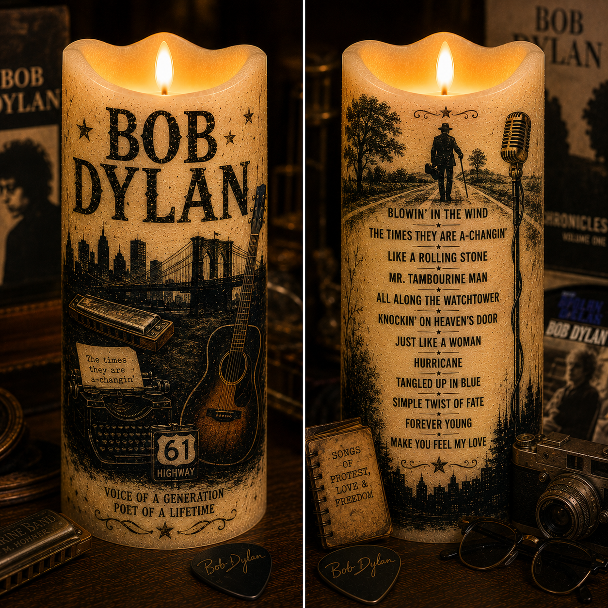 Bob Dylan LED Flameless Candle – Folk Music Decorative Candle with Warm Flickering Light