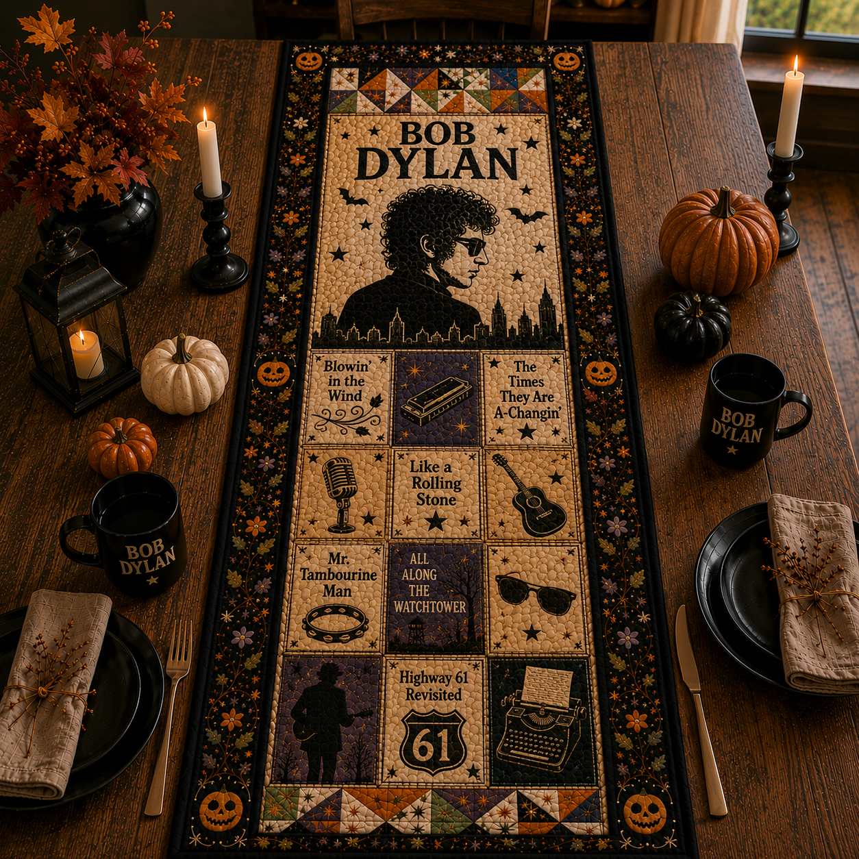 Bob Dylan Halloween Table Runner – Quilted Folk Rock Table Decor for Fall & Halloween