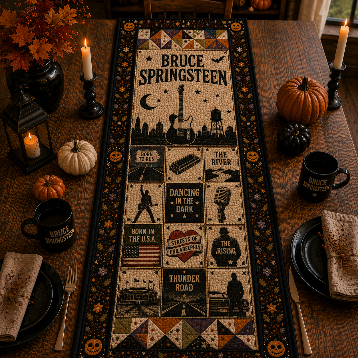 Bruce Springsteen Halloween Table Runner – Quilted Rock Music Fall Table Decor for Fans
