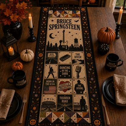 Bruce Springsteen Halloween Table Runner – Quilted Rock Music Fall Table Decor for Fans