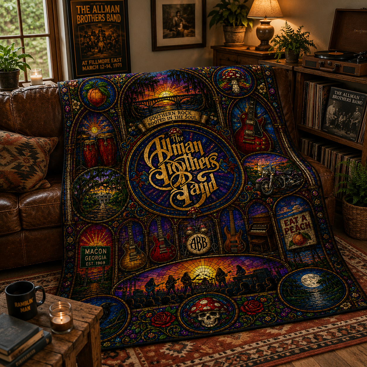 The Allman Brothers Band Sherpa Blanket – Stained Glass Southern Rock Throw Blanket