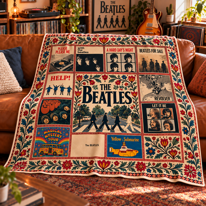 The Beatles Album Collection Sherpa Blanket – Abbey Road, Revolver & Yellow Submarine Fleece Throw, Classic Rock Gift for Beatles Fans