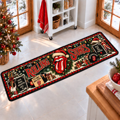 The Rolling Stones Christmas Runner Rug, Tongue Logo Holiday Kitchen Runner, Satisfaction Classic Rock Christmas Decor