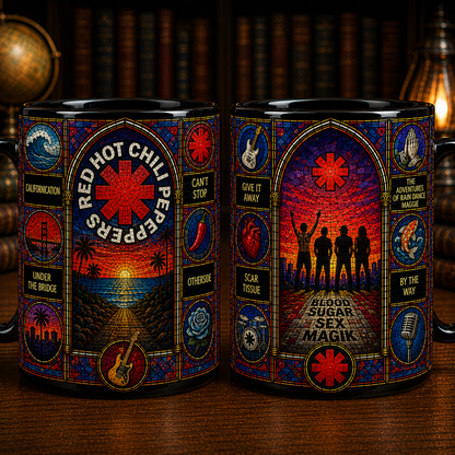 Red Hot Chili Peppers Stained Glass Black Mug – RHCP Ceramic Coffee Mug, Classic Rock Band Fan Gift