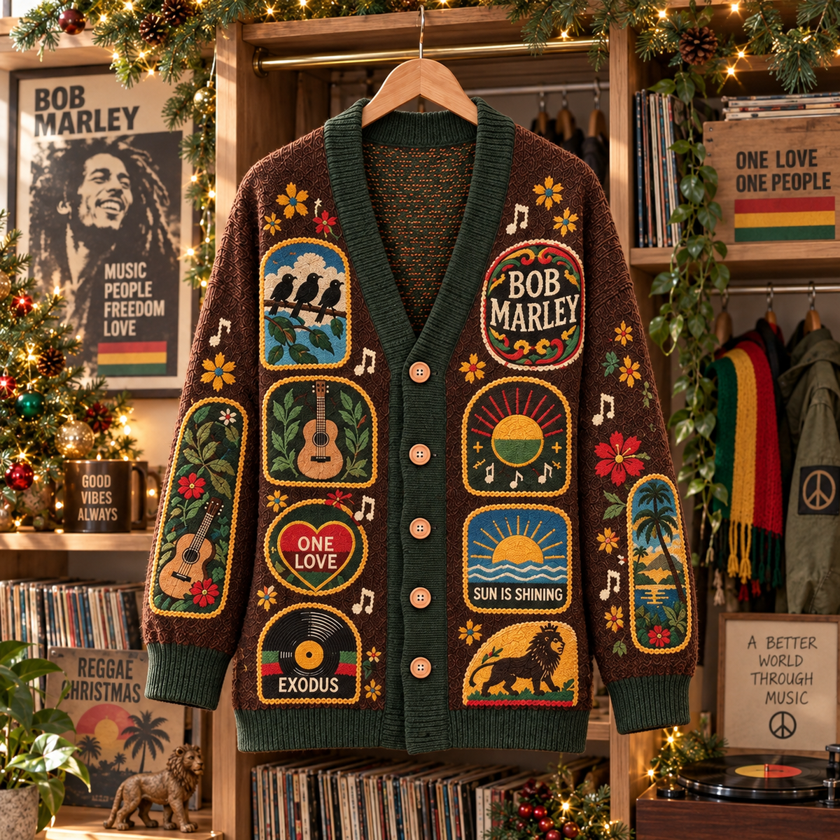 Bob Marley Patchwork Cardigan, One Love Reggae Folk Art Knit Sweater, Vintage Rasta Music Cardigan Gift