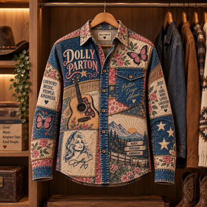 Dolly Parton Patchwork Long Sleeve Shirt – Country Music, Butterfly & Floral Vintage Button Up, Western Americana Dolly Fan Gift