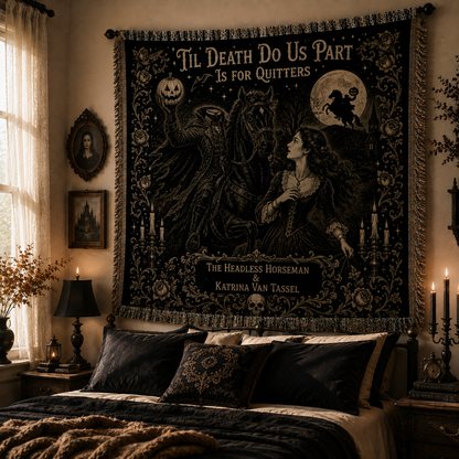 Headless Horseman & Katrina Van Tassel Woven Blanket, Sleepy Hollow Gothic Throw Blanket, Halloween Wall Tapestry, Horror Home Decor Gift