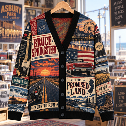 Bruce Springsteen Wool Cardigan, Born to Run The Promised Land Patchwork Knit Sweater, Vintage Americana Rock Gift