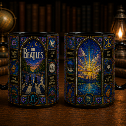 The Beatles Stained Glass Black Mug – Abbey Road Ceramic Coffee Mug, Classic Rock Fan Gift, Beatles Lover Mug