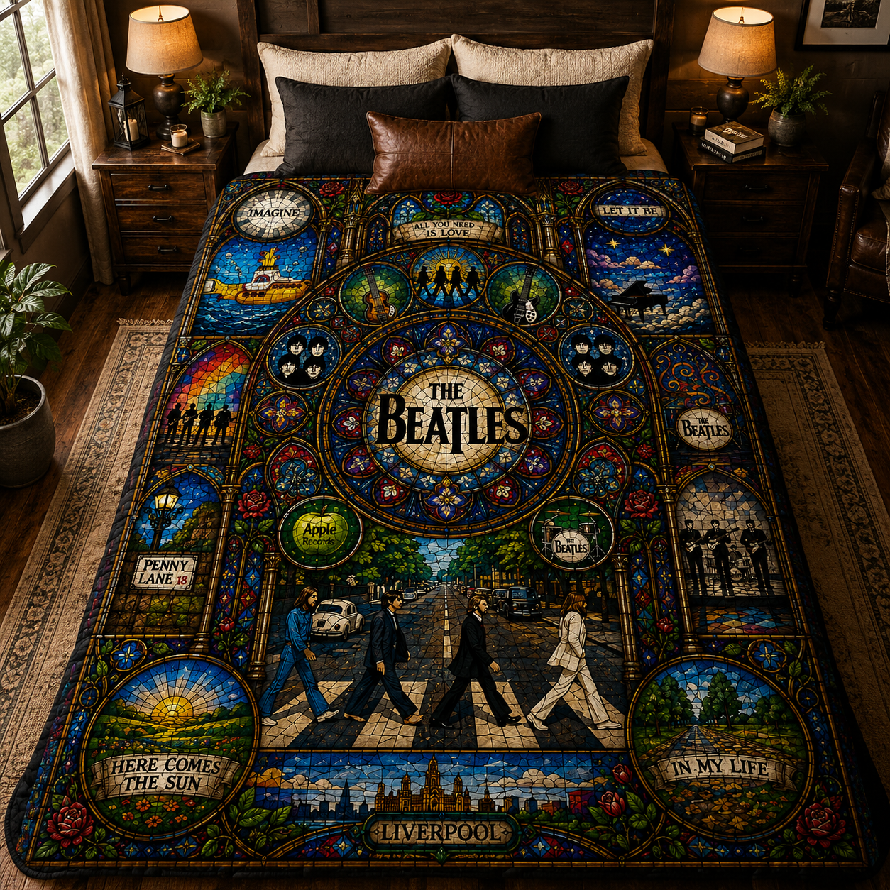 The Beatles Abbey Road Sherpa Blanket –  Stained Glass Classic Rock Throw Blanket
