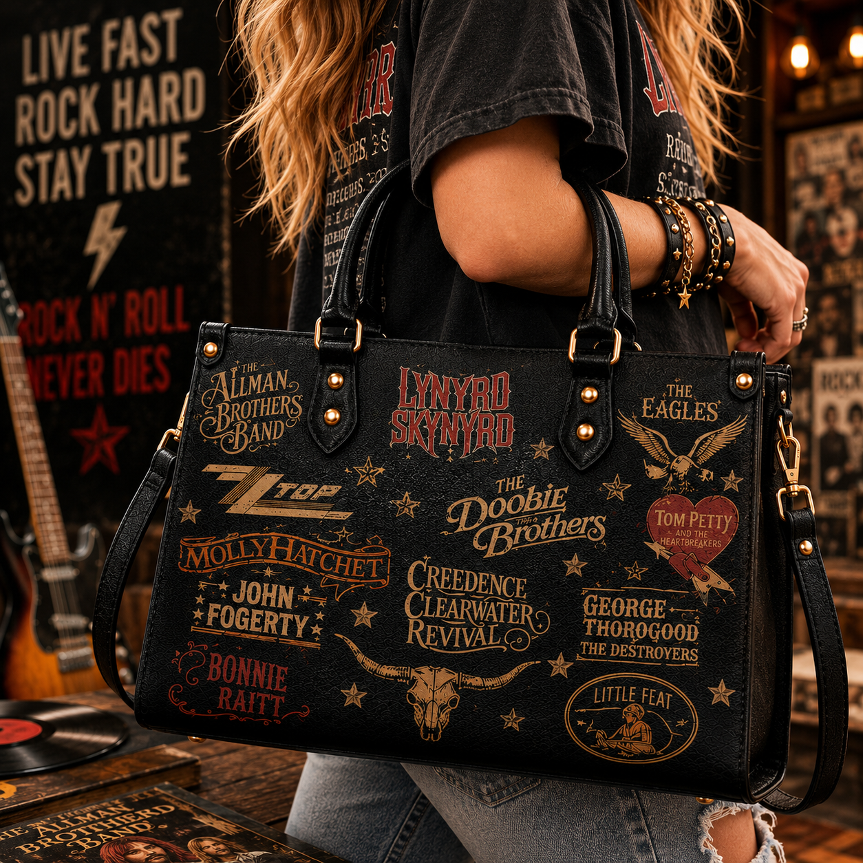 Southern Rock Legends Faux Leather Handbag – Vintage Classic Rock Shoulder Tote Bag for Music Fans