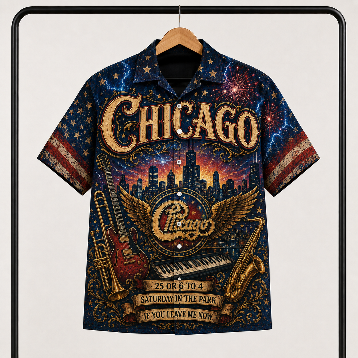 Chicago Band Hawaiian Shirt - Unisex Vintage Winged Logo City Skyline Button Up