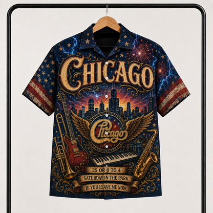 Chicago Band Hawaiian Shirt - Unisex Vintage Winged Logo City Skyline Button Up
