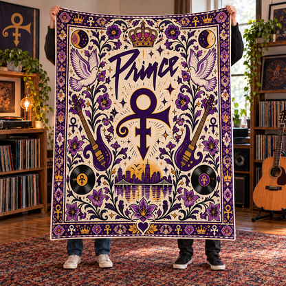Prince Sherpa Blanket – Purple Rain Inspired Fleece Throw, Love Symbol Music Decor, Retro Rock Gift for Prince Fans & Music Lovers