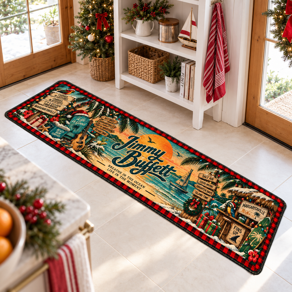 Jimmy Buffett Christmas Runner Rug, Margaritaville Tropical Holiday Kitchen Runner, Parrothead Beach Christmas Decor