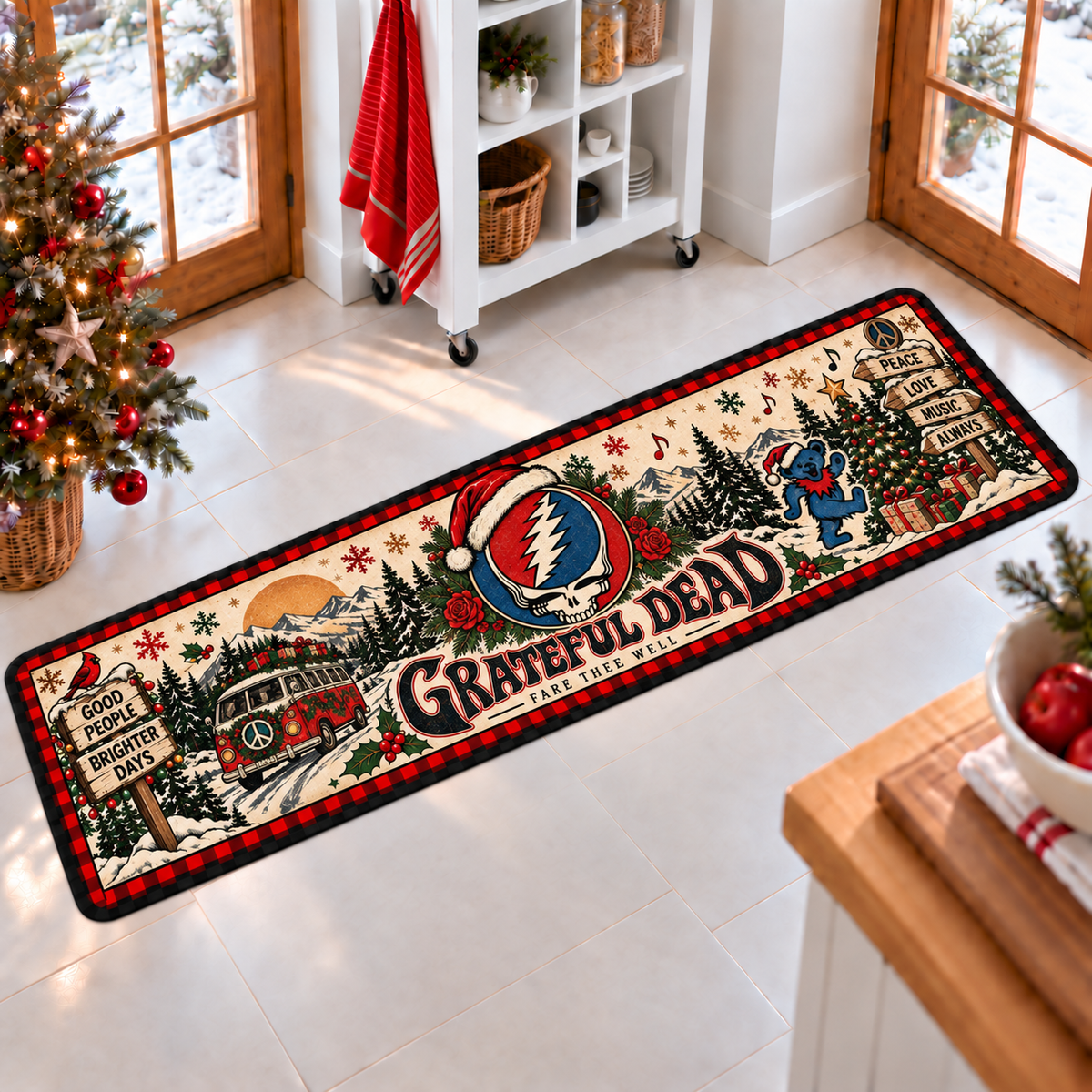 Grateful Dead Christmas Runner Rug, Steal Your Face Holiday Kitchen Runner, Dancing Bear Deadhead Christmas Decor