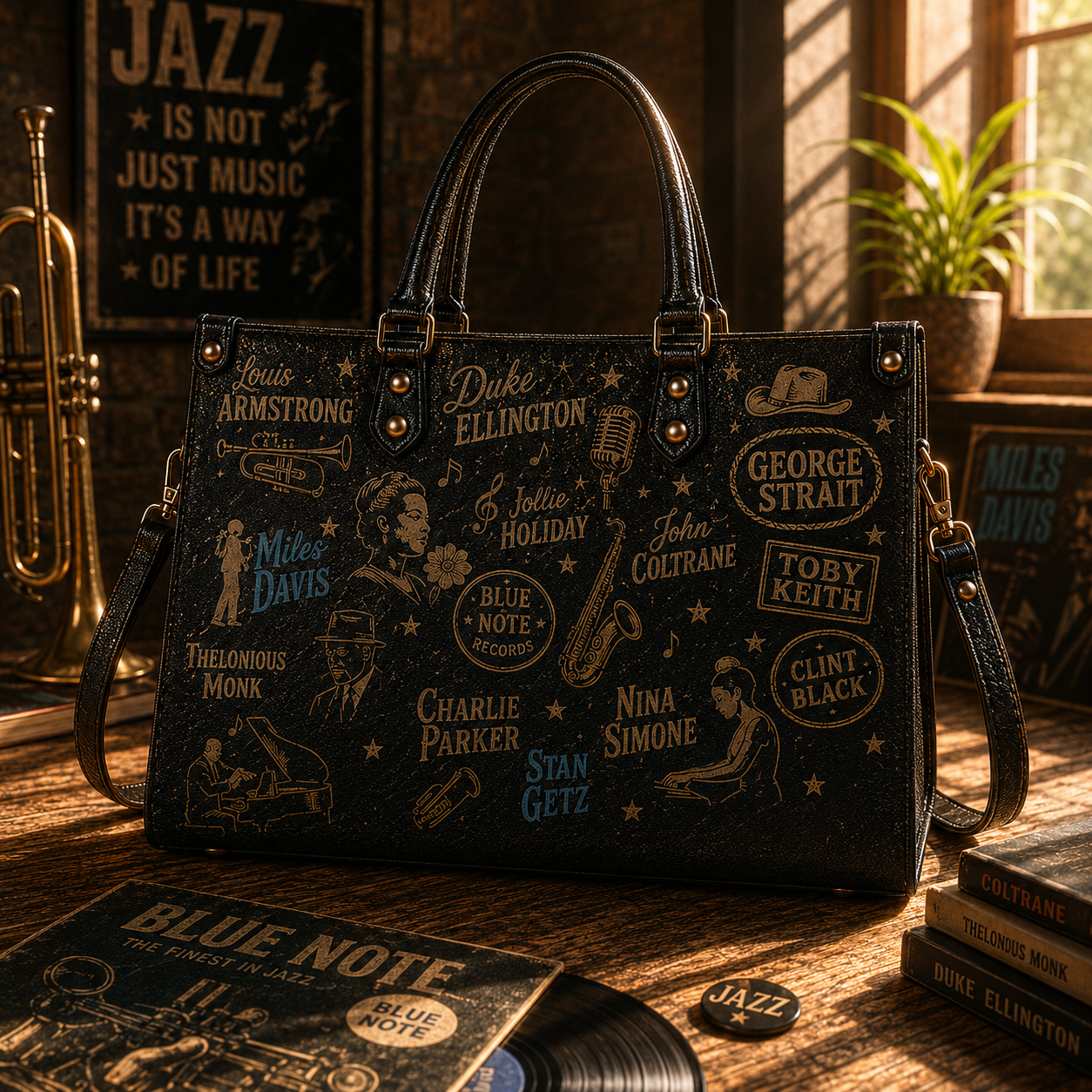 Jazz Legends Faux Leather Handbag – Vintage Music Lover Shoulder Tote Bag for Jazz & Blues Fans