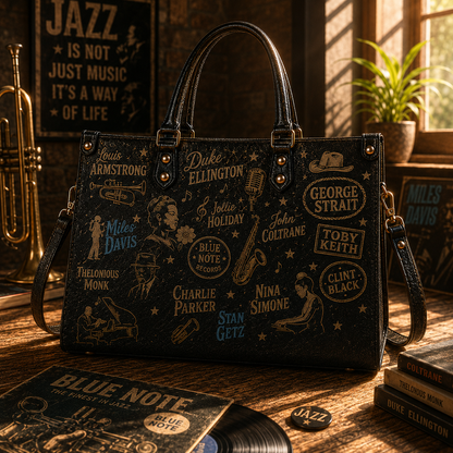 Jazz Legends Faux Leather Handbag – Vintage Music Lover Shoulder Tote Bag for Jazz & Blues Fans