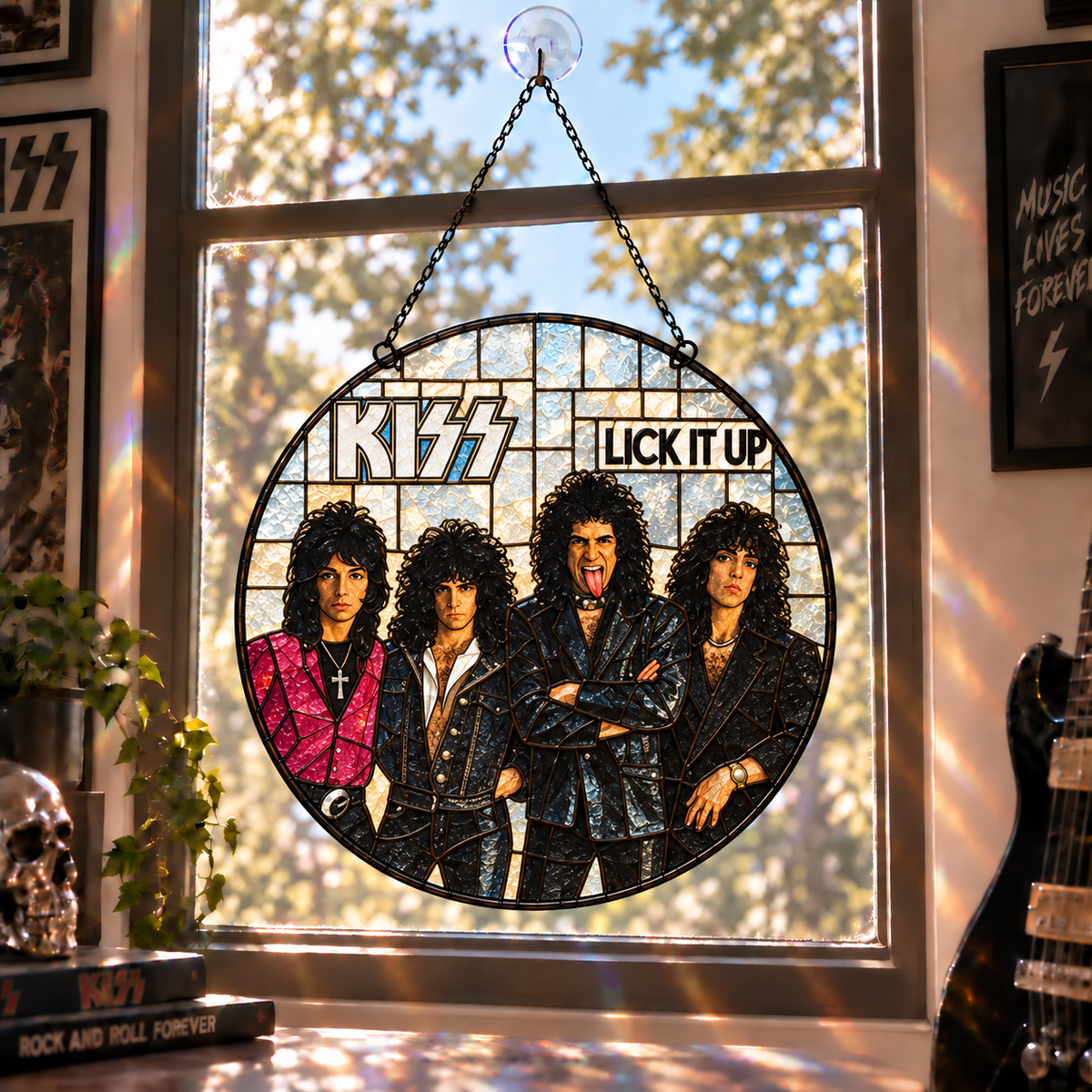 KISS Band Stained Glass Suncatcher – Glam Rock Music Window Hanging Gift for KISS Army