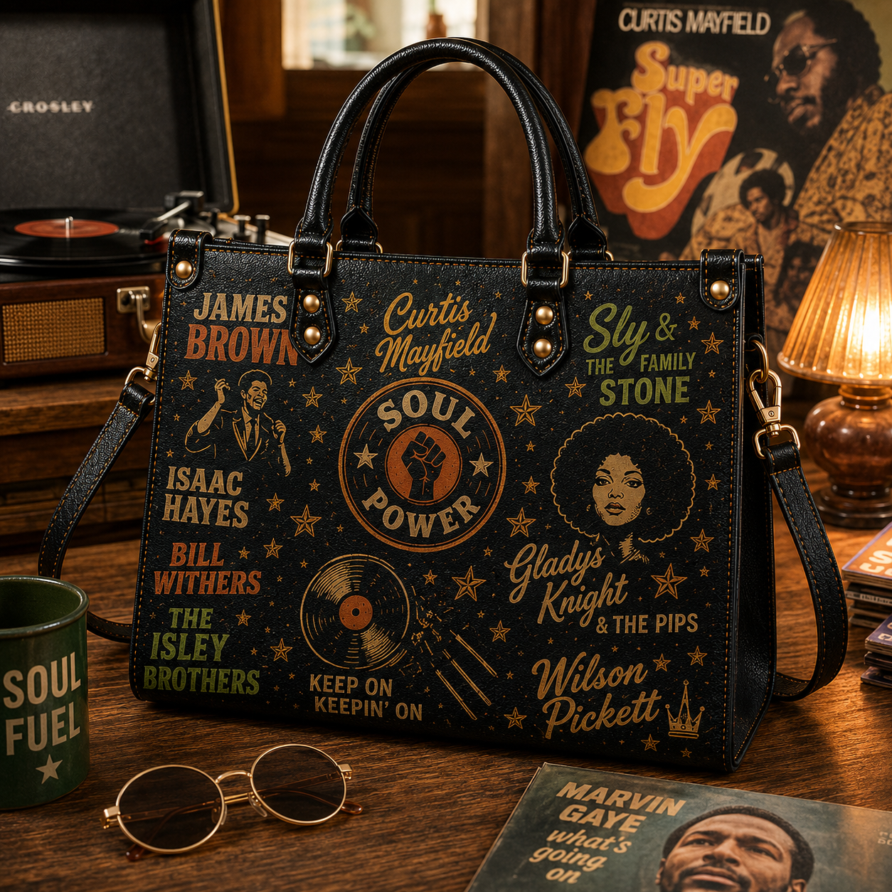 Classic Soul Music Faux Leather Handbag – Vintage 60s 70s Soul Power Shoulder Tote Bag