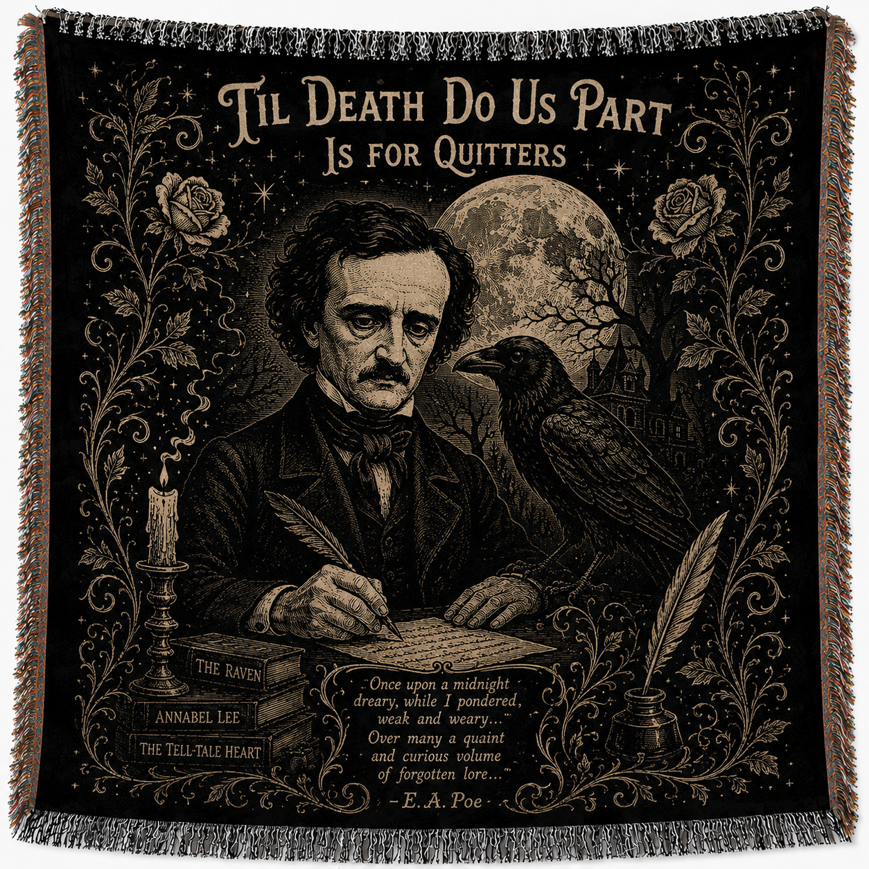 Edgar Allan Poe Woven Blanket, Gothic Raven Throw Blanket, Literary Horror Tapestry Blanket, Dark Academia Home Decor Gift