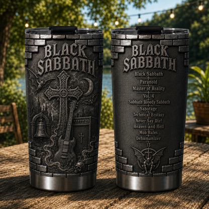 Black Sabbath 3D Printed Stainless Steel Tumbler - Heavy Metal Album List Travel Mug