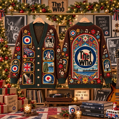 The Who Patchwork Cardigan, Mod Target British Rock Knit Sweater, Vintage Folk Art Band Cardigan Gift