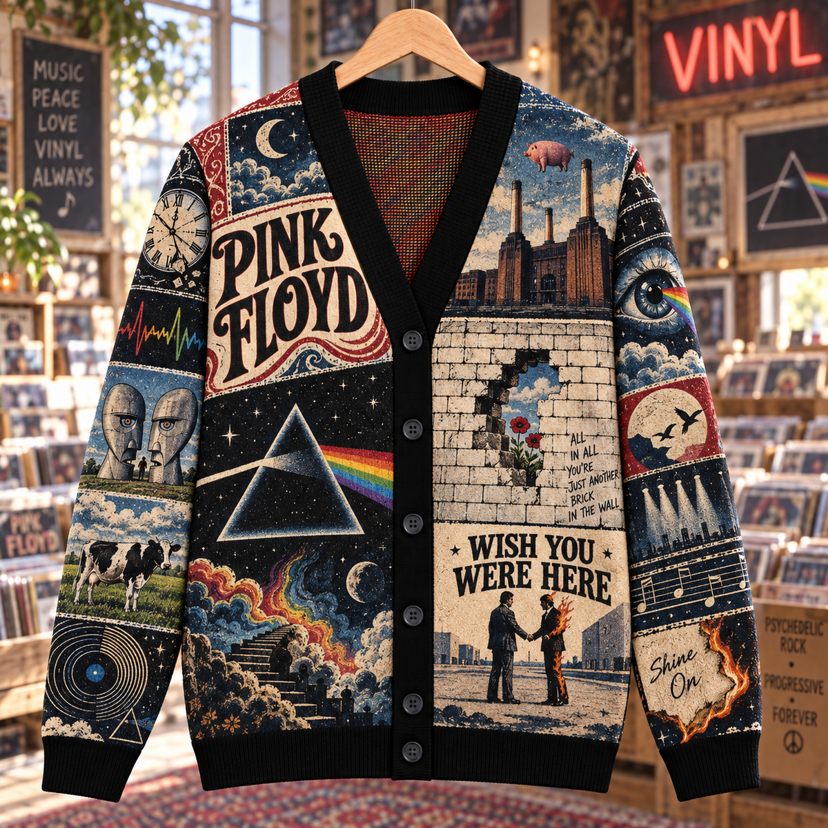Pink Floyd Wool Cardigan, Dark Side of the Moon Wish You Were Here Patchwork Knit Sweater, Vintage Progressive Rock Gift