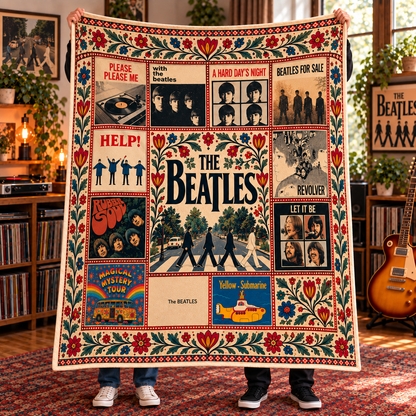 The Beatles Album Collection Sherpa Blanket – Abbey Road, Revolver & Yellow Submarine Fleece Throw, Classic Rock Gift for Beatles Fans