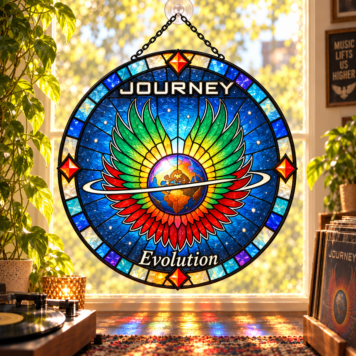 Journey Suncatcher, 9 Album Stained Glass Window Hanging, Infinity Escape Frontiers Classic Rock Music Gift