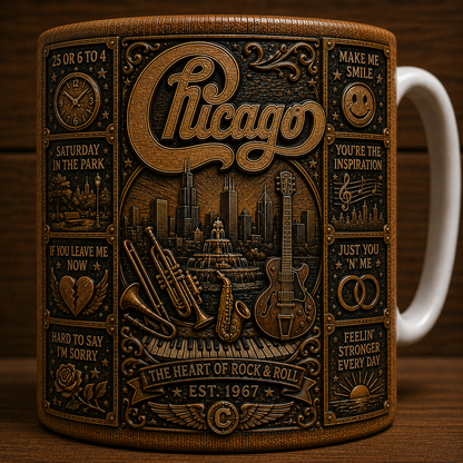 Chicago Band Mug, Vintage Chicago Coffee Mug, Classic Rock Ceramic Cup, Chicago Music Fan Gift, 25 or 6 to 4 Mug, Chicago Band Gift