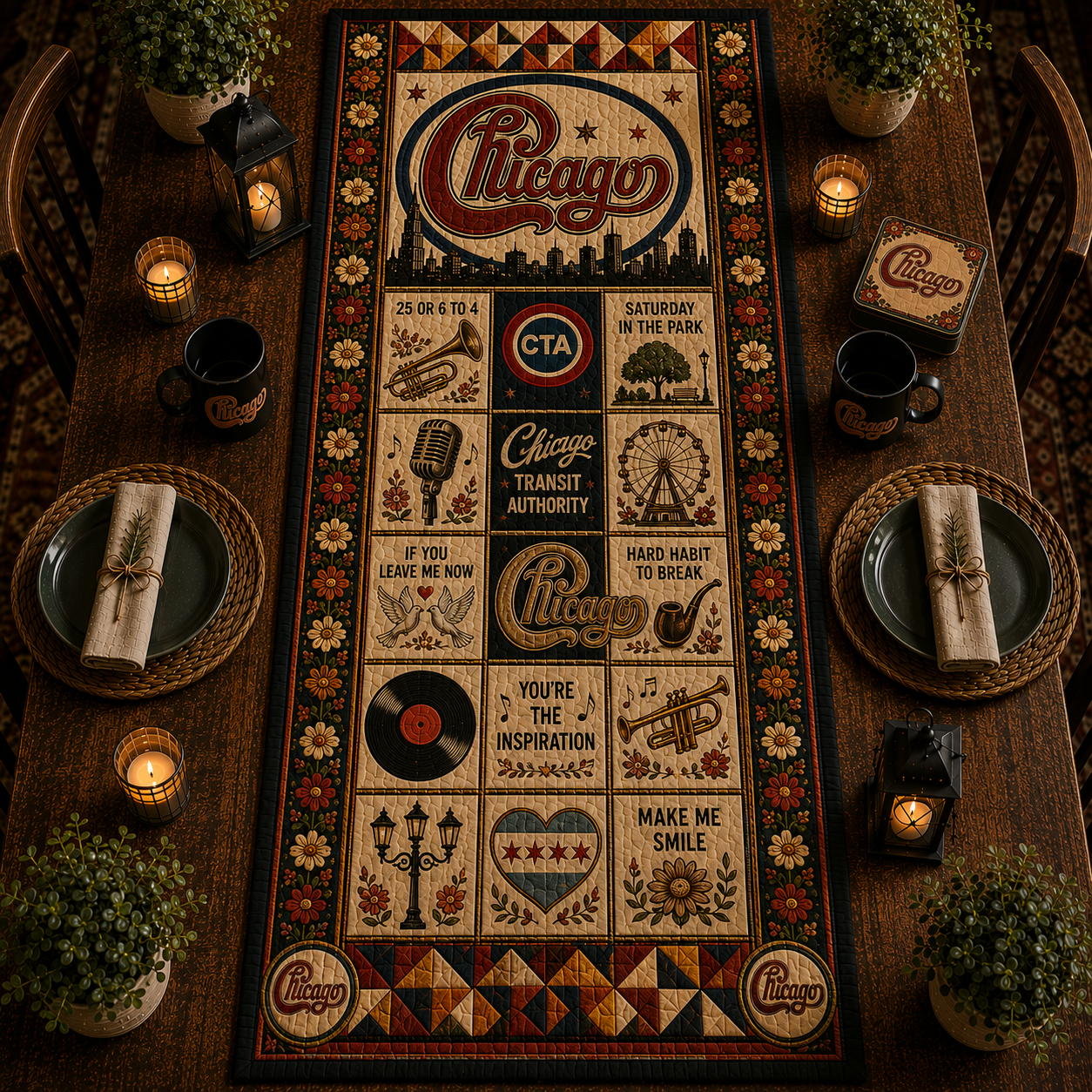 Chicago Band Halloween Table Runner – Quilted Classic Rock Fall Table Decor for Chicago Music Fans