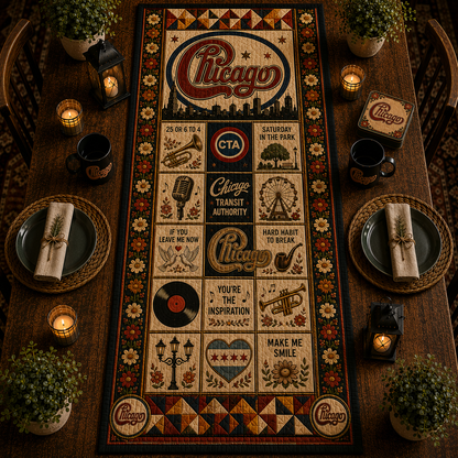 Chicago Band Halloween Table Runner – Quilted Classic Rock Fall Table Decor for Chicago Music Fans