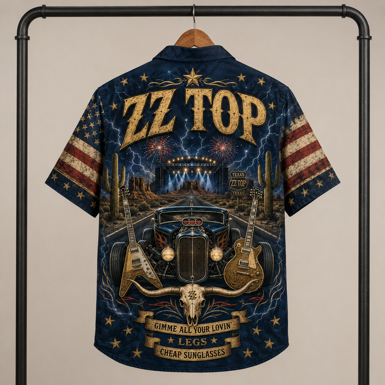 ZZ Top Hawaiian Shirt - Unisex Vintage Texas Longhorn Skull Hot Rod Car Button Up