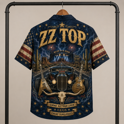 ZZ Top Hawaiian Shirt - Unisex Vintage Texas Longhorn Skull Hot Rod Car Button Up