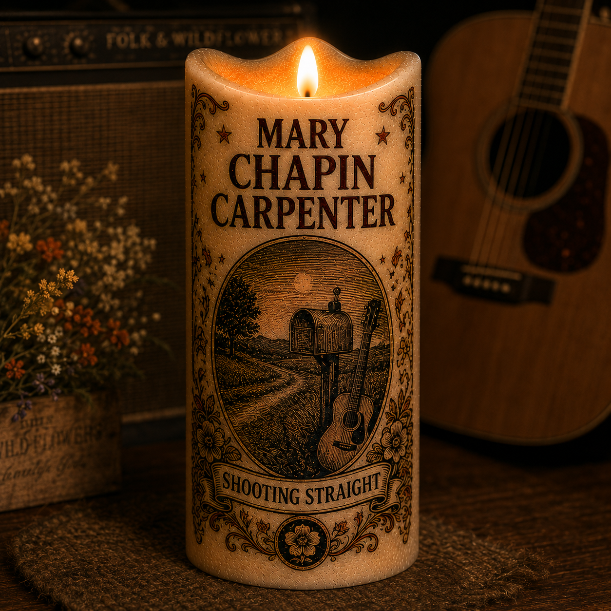 Mary Chapin Carpenter Shooting Straight LED Candle, Country Music Song Tribute Flameless Candle, Rustic Folk Music Gift