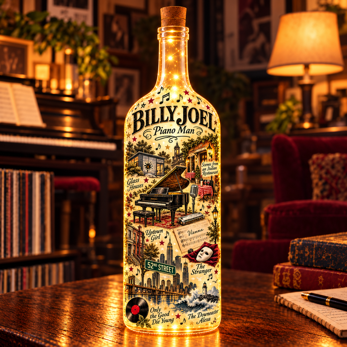 Billy Joel Bottle Lamp, Piano Man Lighted Bottle, Billy Joel Music Lamp, Classic Rock Decor, Music Lover Gift